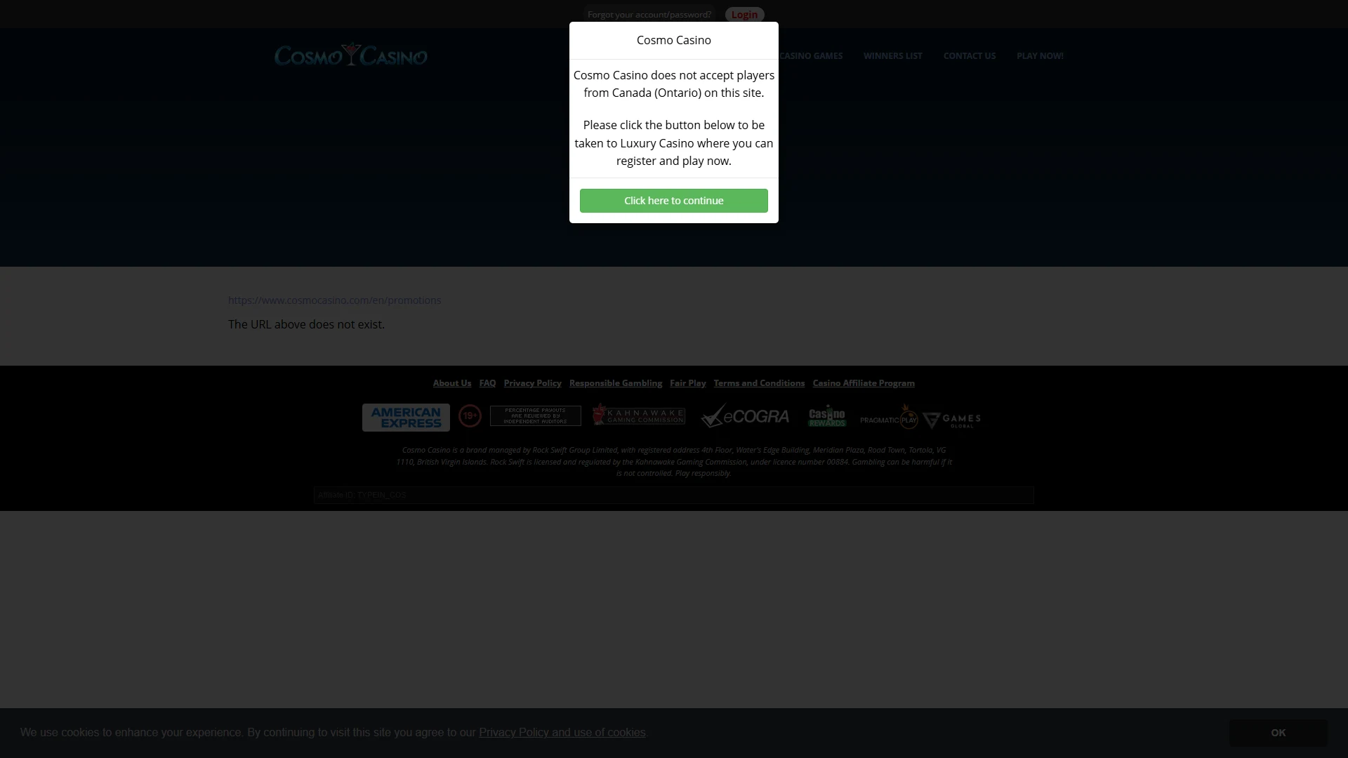 Cosmo Casino promotions page